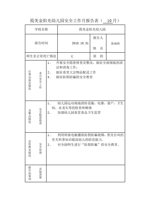 安全工作月报告表10月份2017