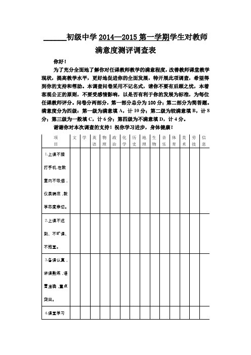 学生对教师满意程度测评调查表