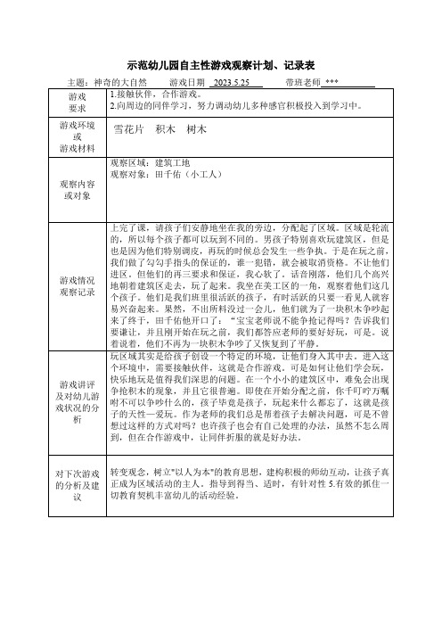 示范幼儿园自主性游戏观察计划、记录表-接触伙伴,合作游戏