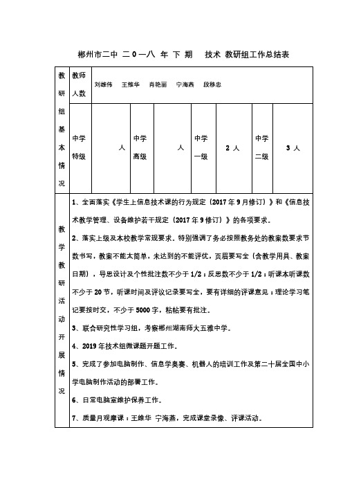 郴州市二中二0一八年下期技术教研组工作总结表【模板】