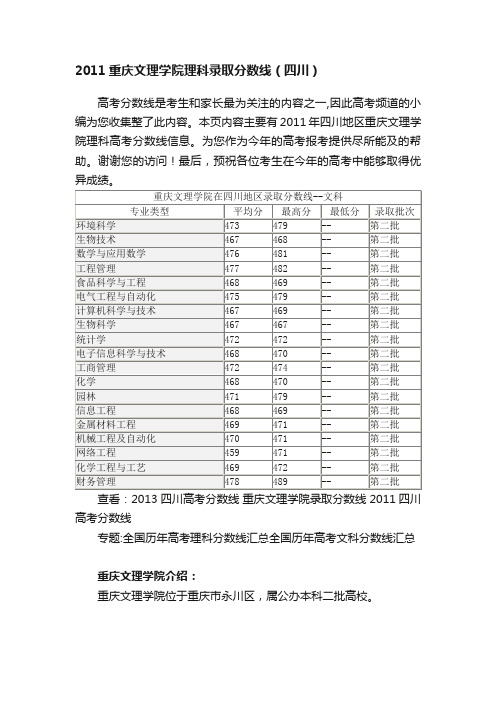 2011重庆文理学院理科录取分数线（四川）