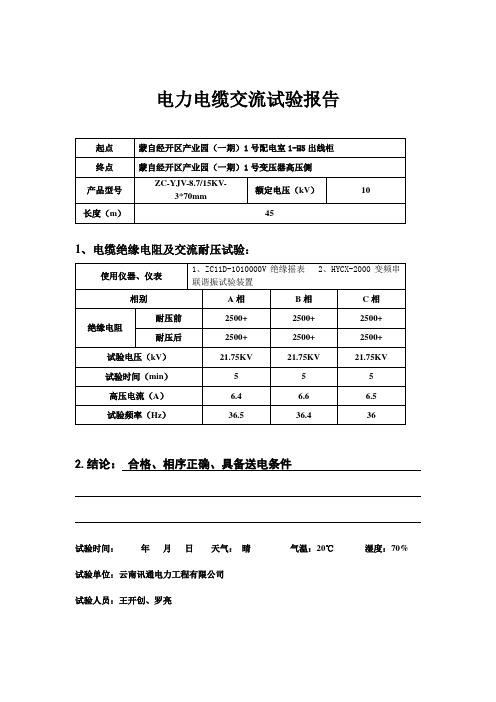 1号配电室电力电缆试验报告 