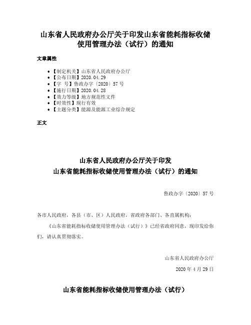 山东省人民政府办公厅关于印发山东省能耗指标收储使用管理办法（试行）的通知