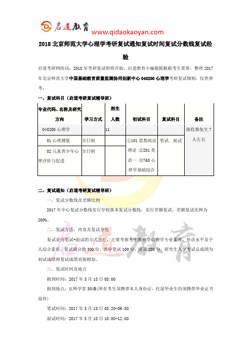 2018北师大心理学考研复试通知复试时间复试分数线复试经验