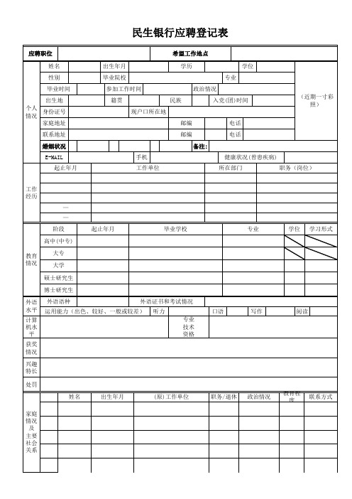 民生银行应聘人员简历模板(EXCEL2页)