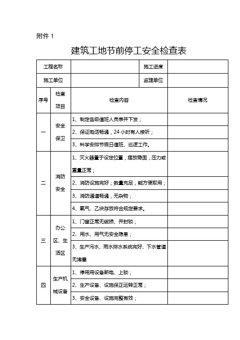 建筑工地节前停工安全检查表