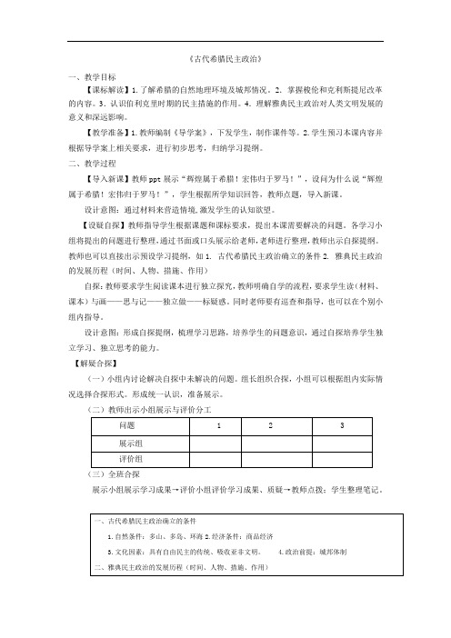 人教版高中历史必修一教案设计：2.5古代希腊民主政治