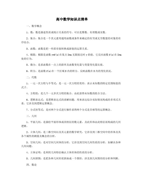 高中数学知识点清单