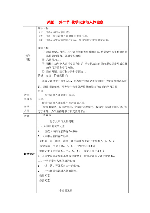 2022年鲁教版化学九年级《元素与人体降》教案