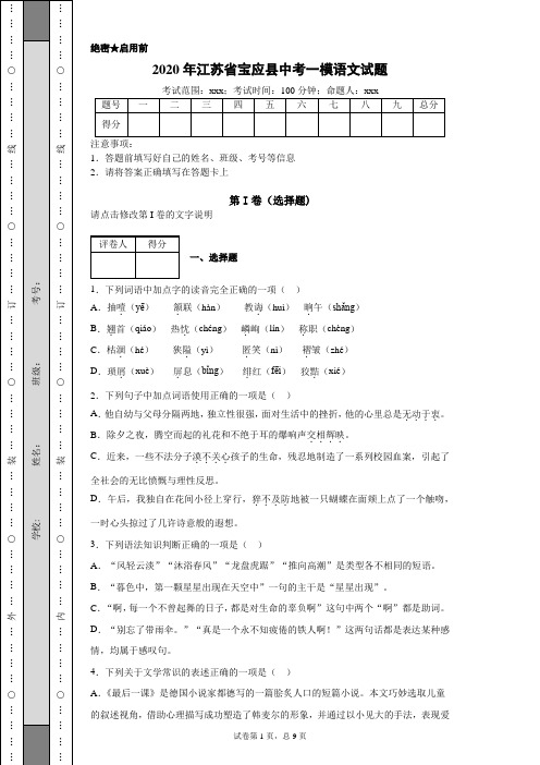 2020年江苏省宝应县中考一模语文试题(附带详细解析及作文范文)