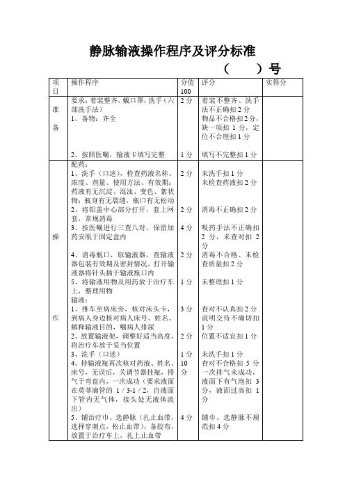 静脉输液操作程序及评分标准