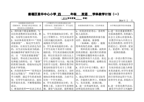 译林版小学英语四年级下册教学计划表