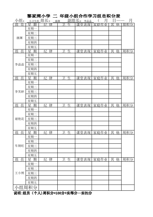 黎家湾小学 二 年级小组合作学习组员积分表