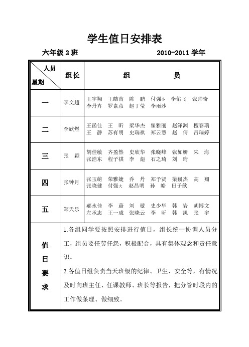 六年级学生值日安排表