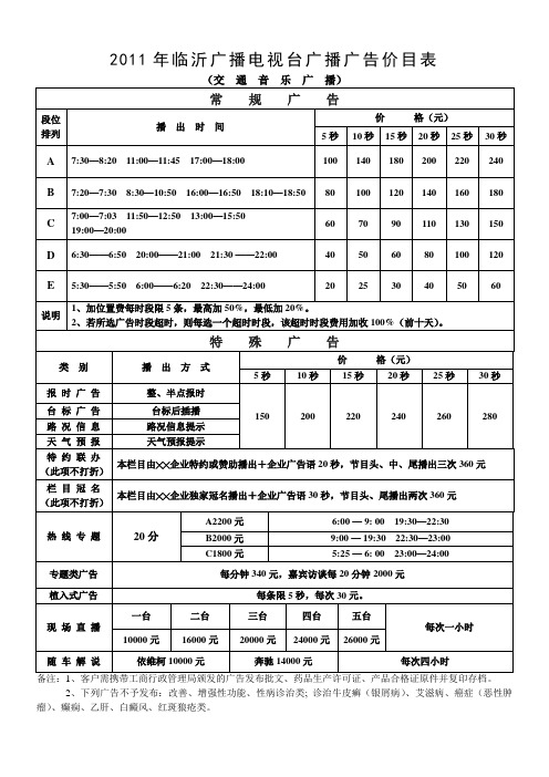 2011临沂市广告价目表(交通音乐广播)