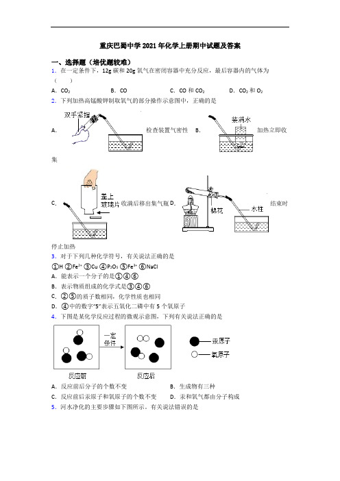 重庆巴蜀中学2021年化学上册期中试题及答案