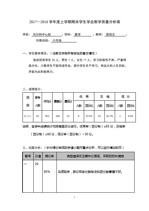 六年一班数学质量分析2017、12