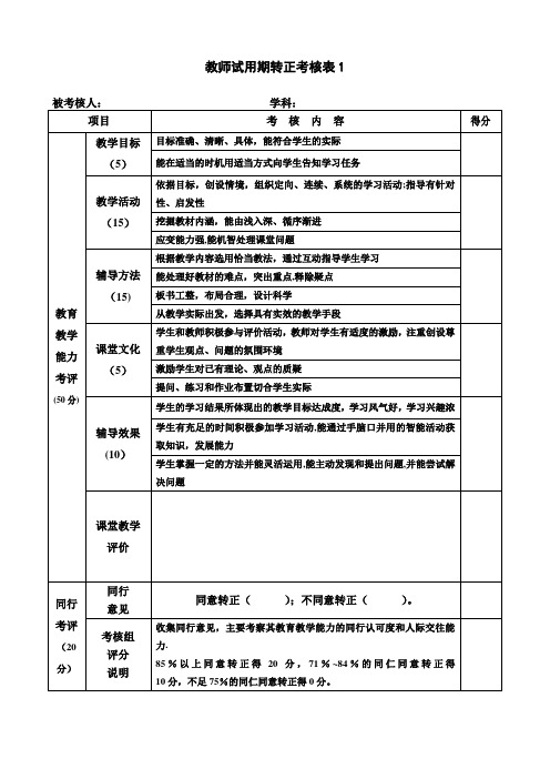 老师试用期转正考核表