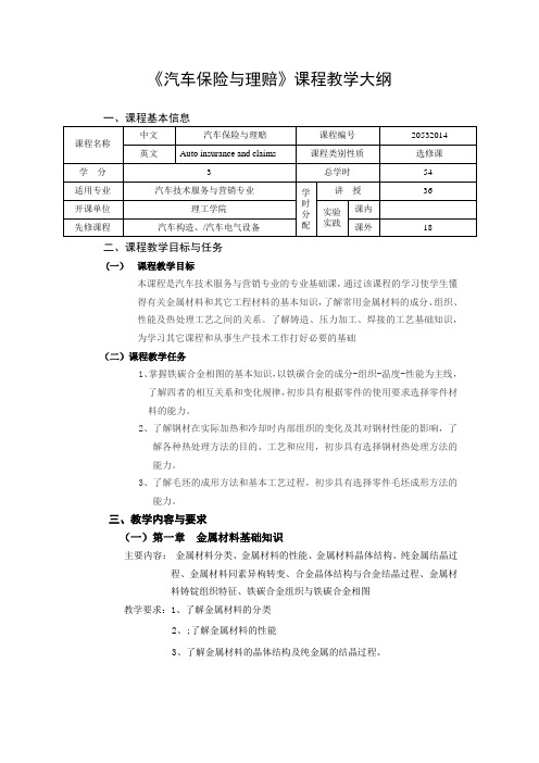 汽车保险与理赔课程教学大纲