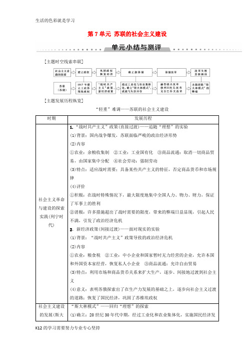 [推荐学习]2018秋高中历史 第7单元 苏联的社会主义建设单元小结与测评学案 新人教版必修2