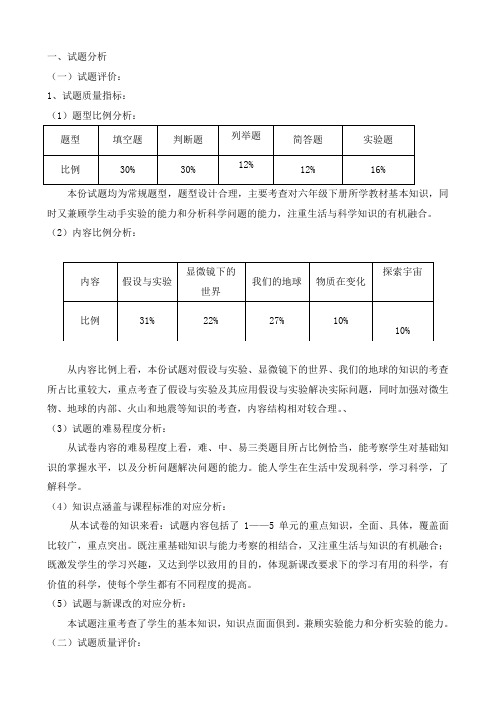 六年级期末科学试卷分析