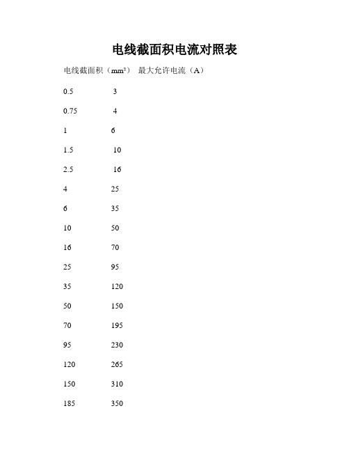 电线截面积电流对照表