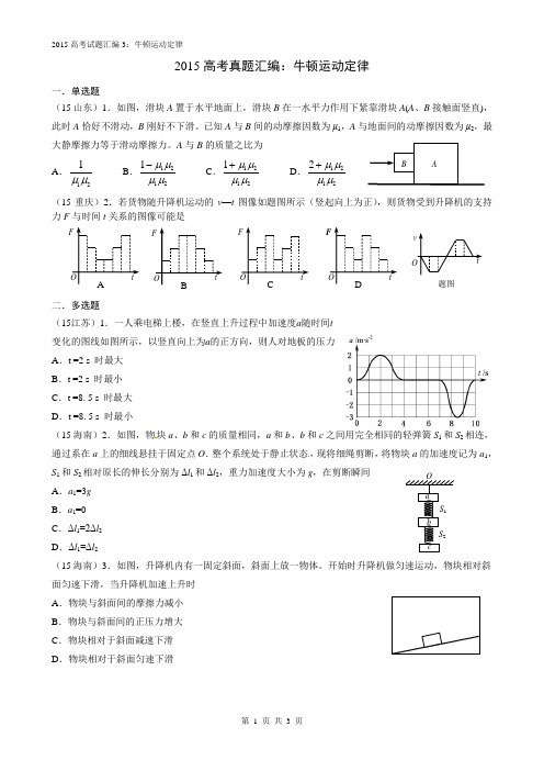 2015高考真题汇编：牛顿运动定律