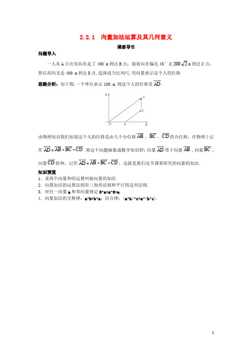 高中数学 第二章 平面向量 2.2 平面向量的线性运算 2.2.1 向量加法运算及其几何意义课前引导