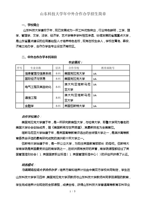 山东科技大学中外合作办学招生简章