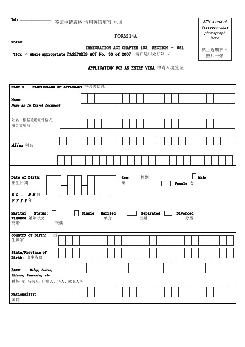 新加坡签证申请表