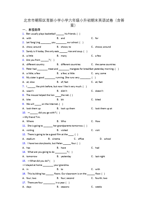 北京市朝阳区育新小学小学六年级小升初期末英语试卷(含答案)