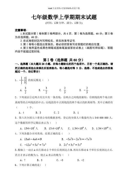 青岛版七年级数学上册期末测试题