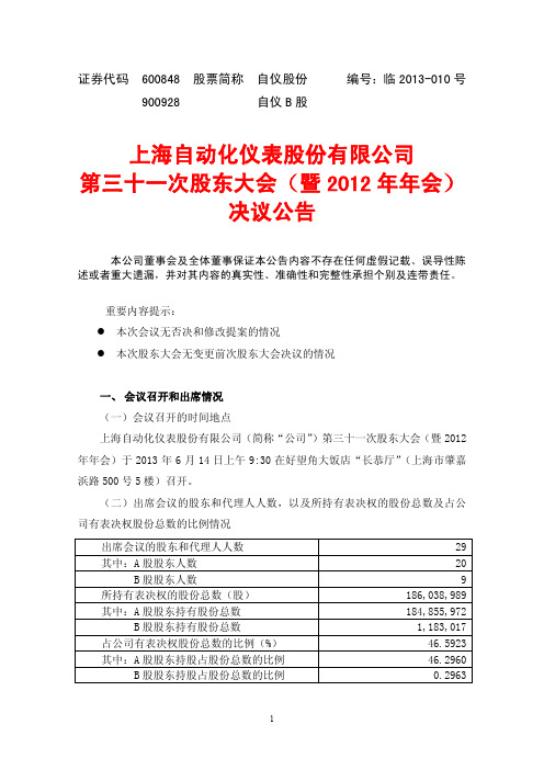 600848自仪股份第三十一次股东大会(暨2012年年会)决议公告