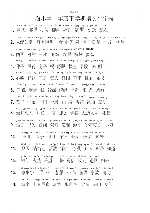 上海一年级下学期第二学期语文词语生字表(带拼音)