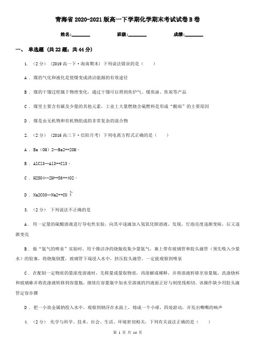 青海省2020-2021版高一下学期化学期末考试试卷B卷