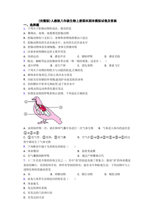 (完整版)人教版八年级生物上册期末期末模拟试卷及答案