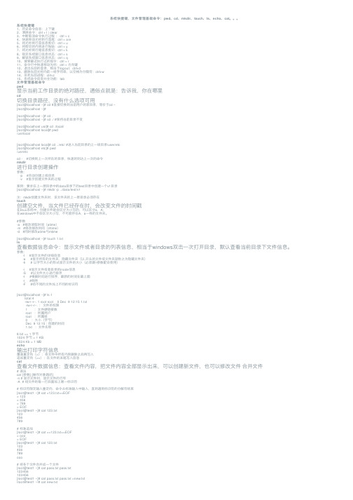 系统快捷键，文件管理基础命令：pwd、cd、mkdir、touch、ls、echo、cat。。。