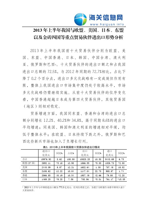 2013年上半年我国与欧盟、美国、日本、东盟以及金砖四国等重点贸易伙伴进出口形势分析