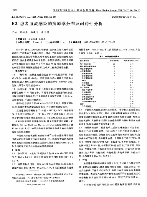 ICU患者血流感染的病原学分布及耐药性分析