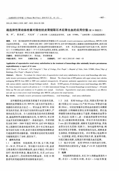 超选择性肾动脉栓塞对微创经皮肾镜取石术后肾出血的应用价值(附14例报告)