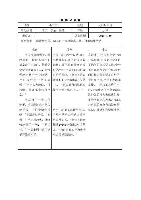 幼儿园玩沙玩水区观察记录表