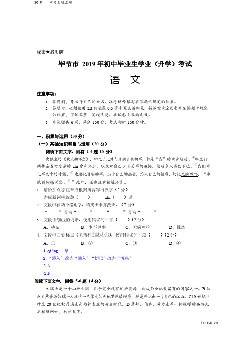 2019中考真题-078—2019年贵州省毕节市中考语文试题及答案(word版)