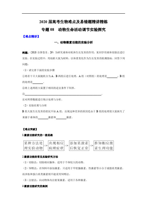 高中生物高考专题08 动物生命活动调节实验探究(原卷版)