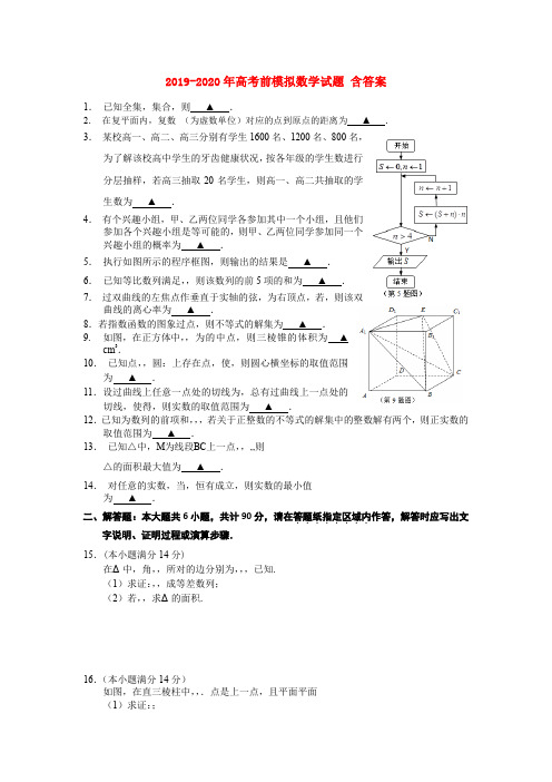 2019-2020年高考前模拟数学试题 含答案