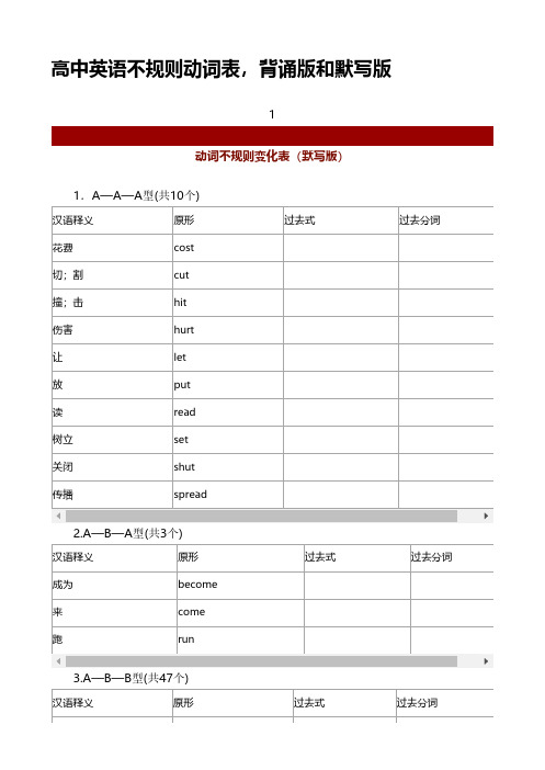 高中英语不规则动词表，背诵版和默写版