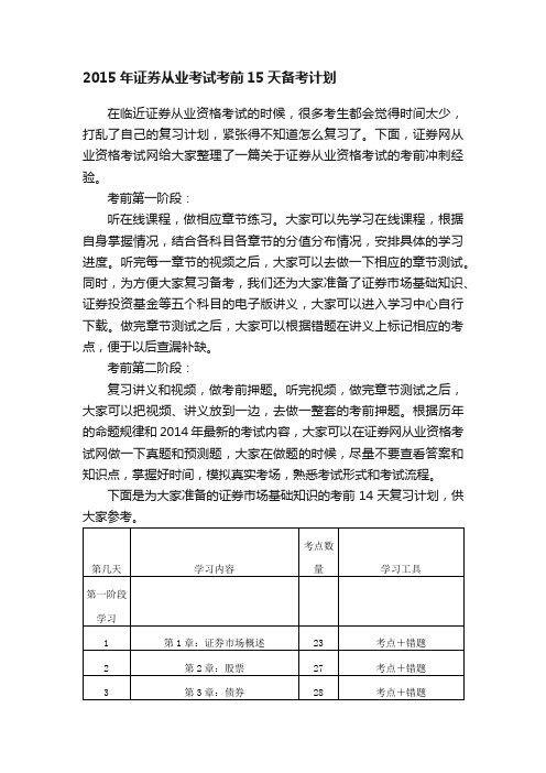 2015年证券从业考试考前15天备考计划