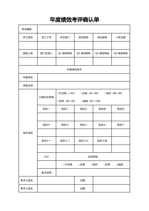 年度绩效考评确认单