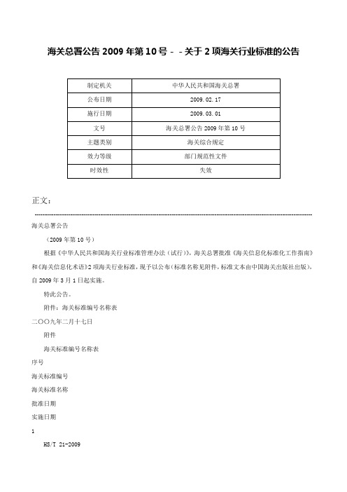 海关总署公告2009年第10号－－关于2项海关行业标准的公告-海关总署公告2009年第10号