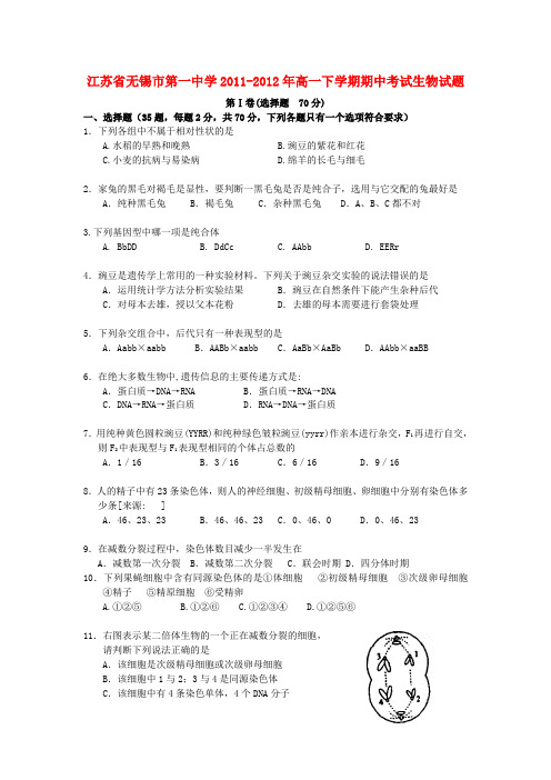 江苏省无锡市第一中学20112012年高一生物下学期期中考试试题【会员独享】.doc