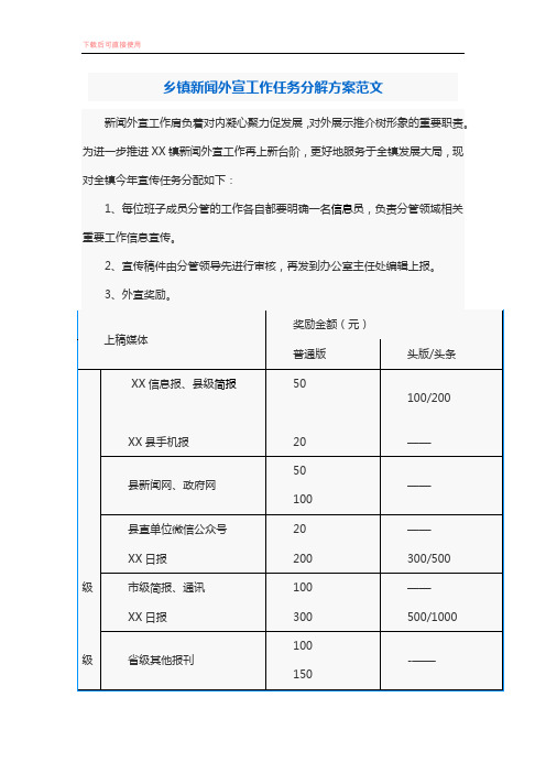 2019年乡镇新闻外宣工作任务分解方案范文(完整)